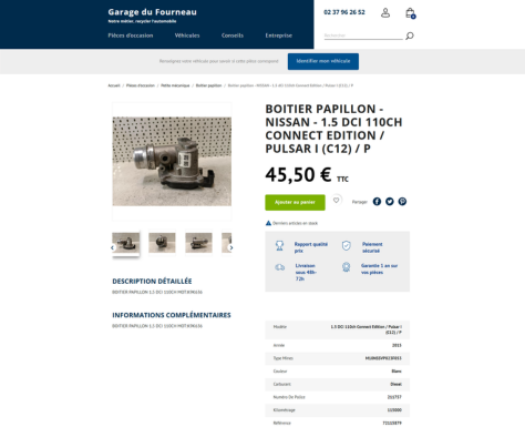 Page produit du site internet de Garage du Fourneau