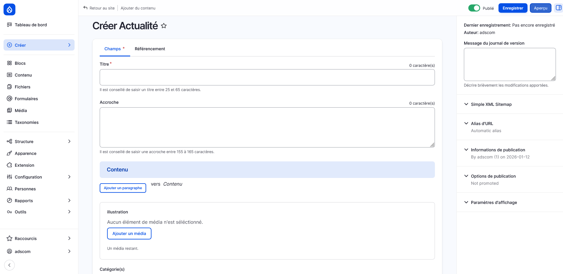 Interface de contribution d'une actualité sous Drupal 11 avec Gin